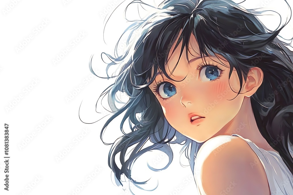Anime girl portrait with blue eyes and black hair against white background Anime girl portrait with blue eyes and black hair against white background