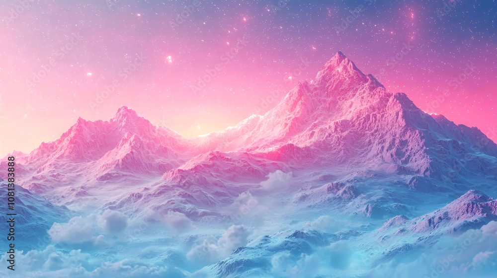Pink and blue mountains with clouds and stars. Pink and blue mountains with clouds and stars.