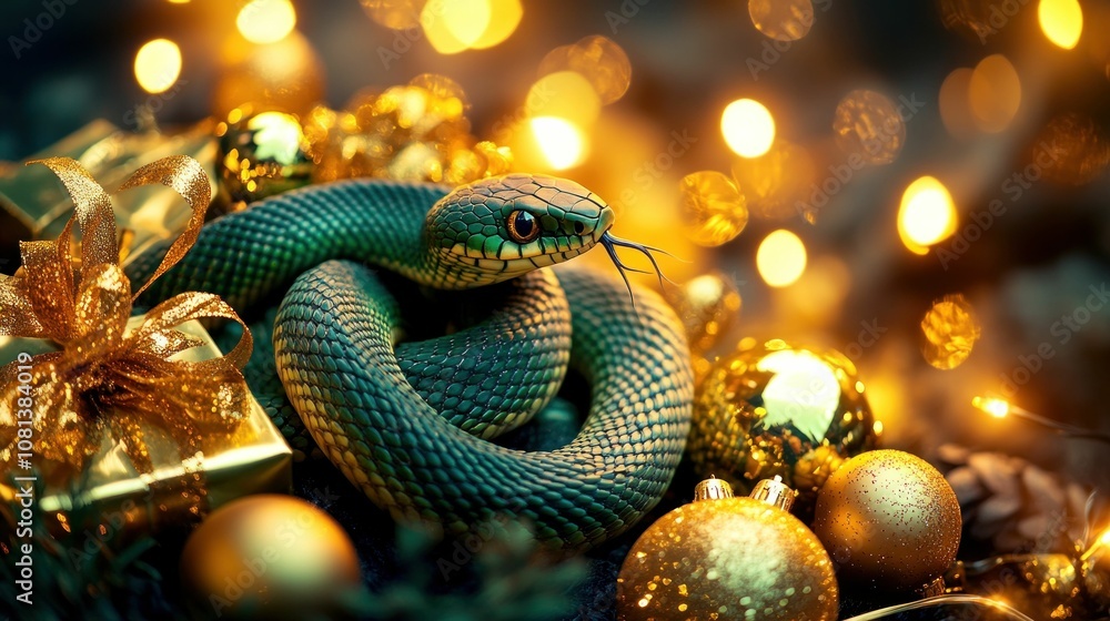 Green snake entwined among festive decorations, including golden ornaments and twinkling lights, creating a vibrant and enchanting holiday atmosphere Green snake entwined among festive decorations, including golden ornaments and twinkling lights, creating a vibrant and enchanting holiday atmosphere