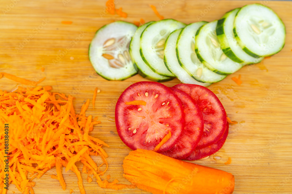 Chef preparing ingredients for fresh summer salad on cutting board Chef preparing ingredients for fresh summer salad on cutting board