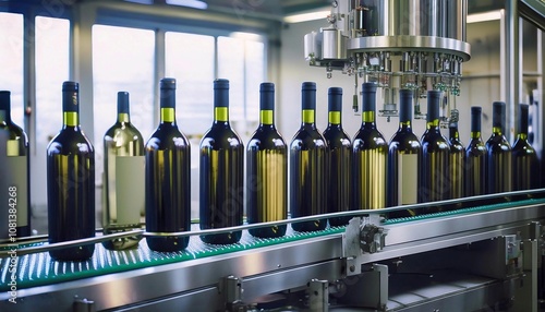 automated bottling process of wine in a cutting-edge, fully mechanized factory. Wine bottling process  photo