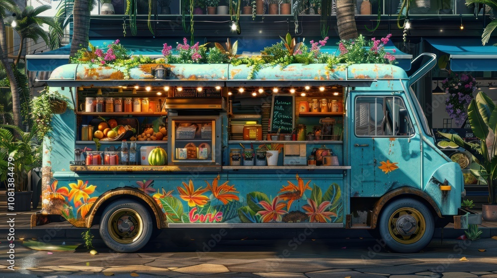 Fototapeta premium A blue food truck with a floral design, decorated with plants and flowers, is parked on a street. The truck is selling fruit, juice, and other drinks.