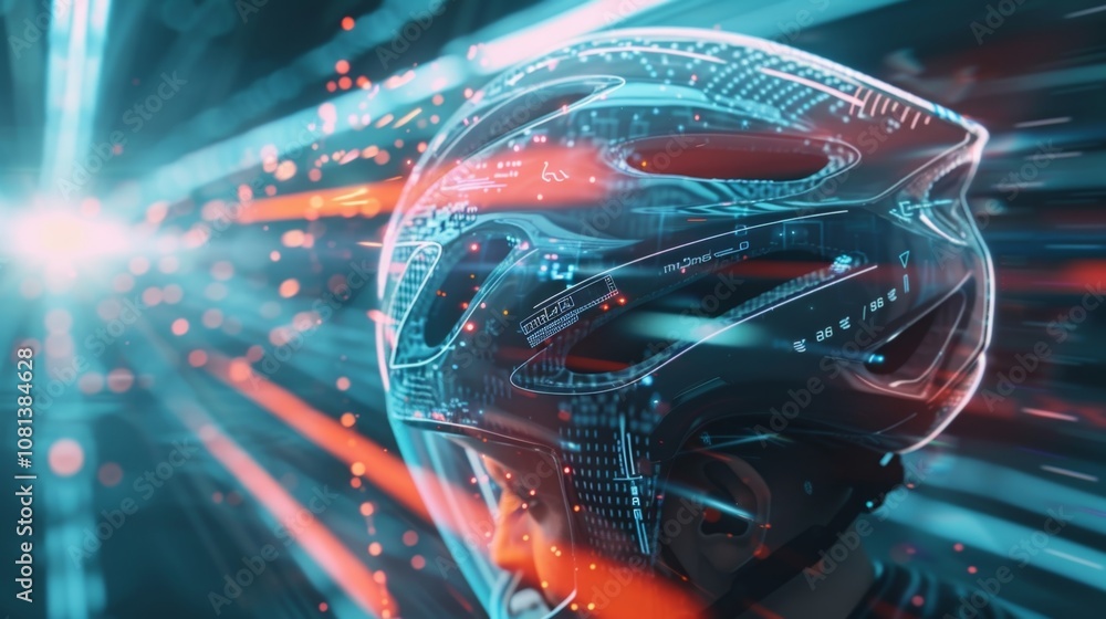 Futuristic helmet is displaying data and information in augmented reality environment, showcasing the potential of future technology in transportation or sports Futuristic helmet is displaying data and information in augmented reality environment, showcasing the potential of future technology in transportation or sports