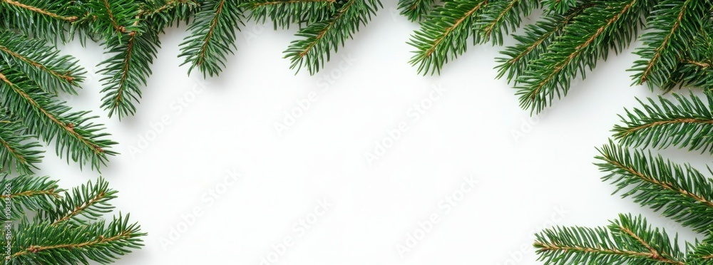 Pine branches frame, evergreen foliage on a white background, perfect for winter and holiday themes, creating a fresh and natural atmosphere, ideal for seasonal designs Pine branches frame, evergreen foliage on a white background, perfect for winter and holiday themes, creating a fresh and natural atmosphere, ideal for seasonal designs