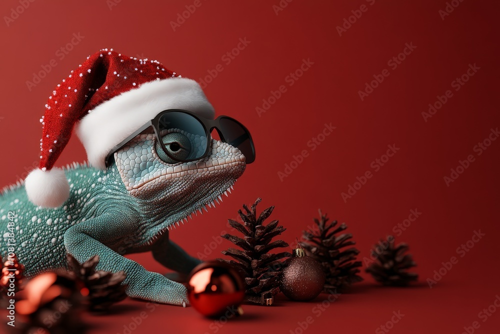 A playful chameleon sporting a Santa hat and stylish sunglasses among pinecones, against a red backdrop, creating a fun holiday-themed scene with charm. A playful chameleon sporting a Santa hat and stylish sunglasses among pinecones, against a red backdrop, creating a fun holiday-themed scene with charm.