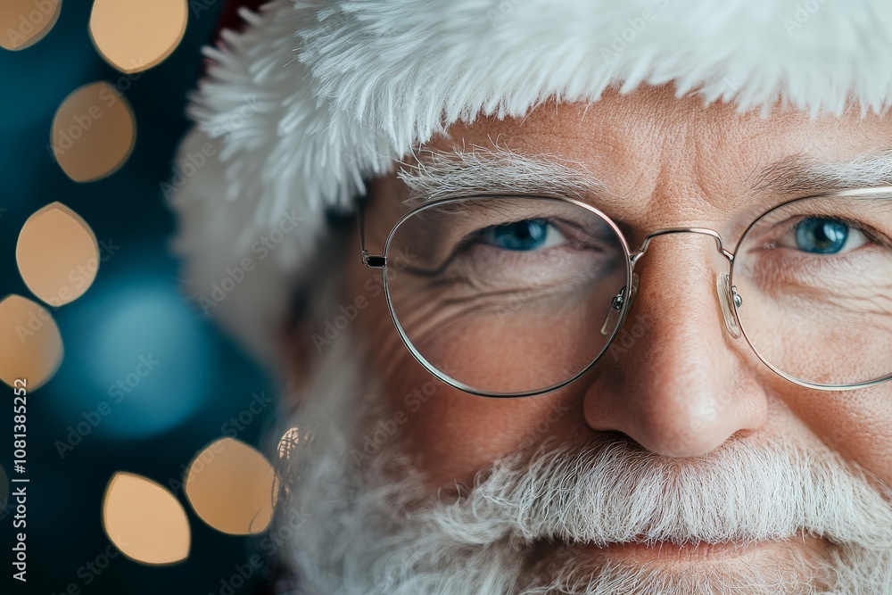 A close-up portrait features an elderly man with a warm smile, wearing a Santa hat and round glasses, set against a festive bokeh background. A close-up portrait features an elderly man with a warm smile, wearing a Santa hat and round glasses, set against a festive bokeh background.
