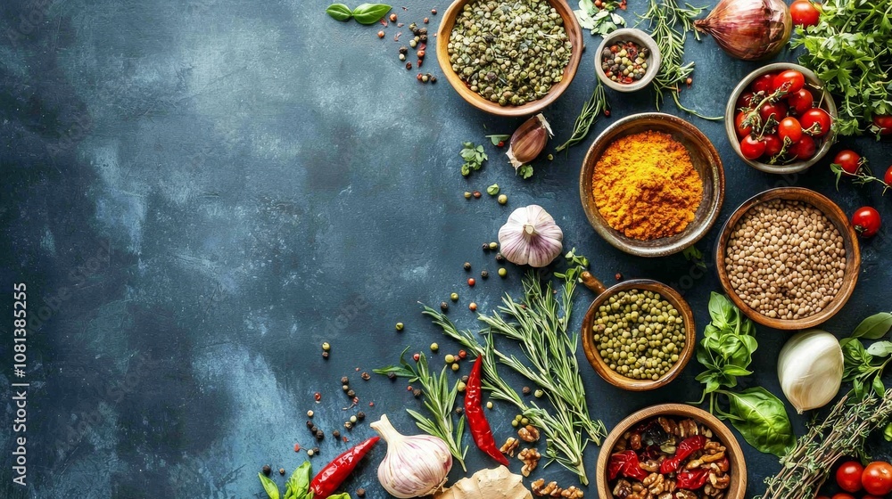 Assorted spices and fresh herbs on rustic dark background Assorted spices and fresh herbs on rustic dark background