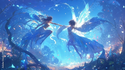 Two fairy queens clashed in the magical forest their wings beating furiously as they soared through the air. One of them wielded a glittering staff while the other called upon the winds photo