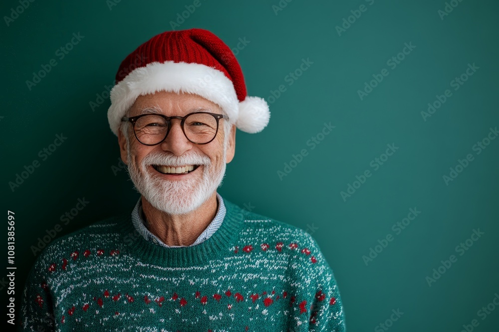 An elderly man with a white beard is wearing a Santa hat and glasses, smiling warmly against a green background, representing festive joy and cheerfulness. An elderly man with a white beard is wearing a Santa hat and glasses, smiling warmly against a green background, representing festive joy and cheerfulness.