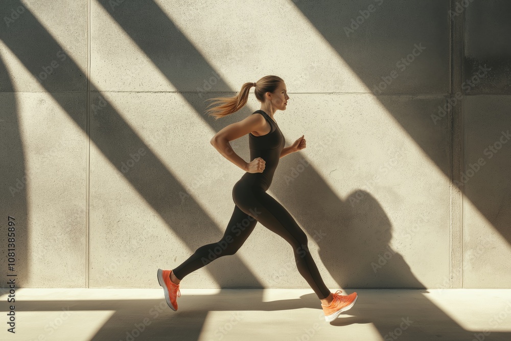 Fototapeta premium The Dynamic Fitness Runner is truly a sight to behold when in action, showcasing an impressive display of agility and determination. This athlete embodies ambition and modern fitness culture