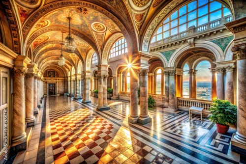 Stunning Drone Photography of Marble Floors, Columns, Arches, and Sunlit Interiors in Elegant Architecture