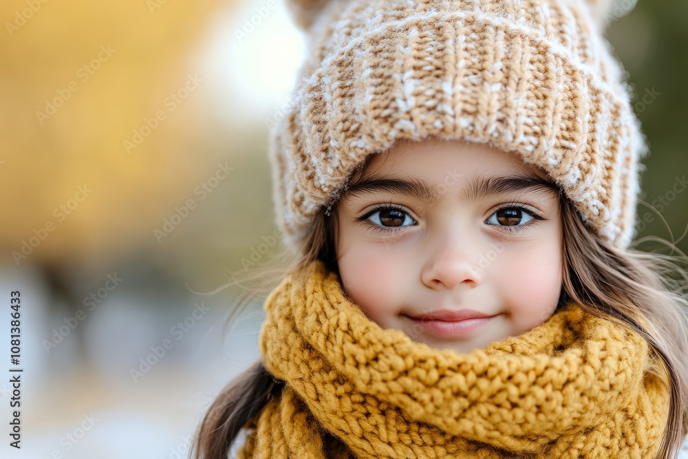 Portrait of a cheerful young girl in a knitted hat and matching scarf, capturing the essence of innocence and warmth in a vibrant outdoor autumn setting. Portrait of a cheerful young girl in a knitted hat and matching scarf, capturing the essence of innocence and warmth in a vibrant outdoor autumn setting.