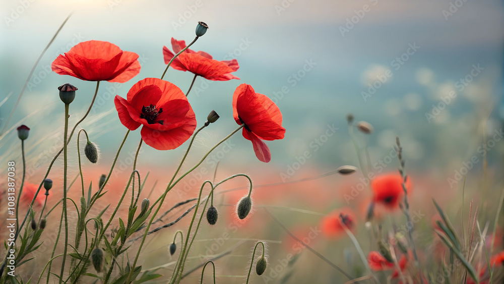 Obraz premium Close-up of vibrant red poppies in a field, symbolizing remembrance and honoring the fallen