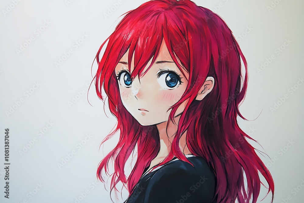 Obraz premium Anime girl portrait with long red hair and blue eyes, digital art, illustration