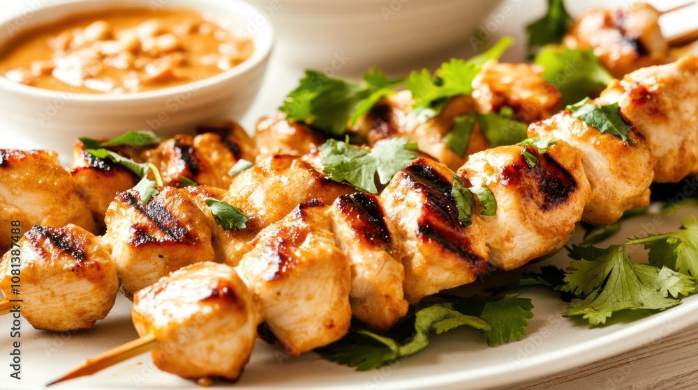 Chicken satay skewers with a peanut dipping sauce, garnished with fresh cilantro, Thai street food style Chicken satay skewers with a peanut dipping sauce, garnished with fresh cilantro, Thai street food style