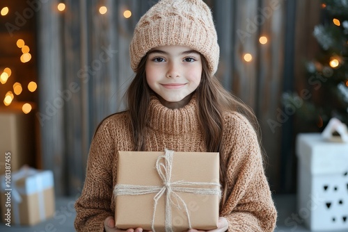 A young girl wearing a knitted sweater and hat holds a wrapped gift, set against a warm Christmas backdrop. Her smile symbolizes the joy of the holidays. photo