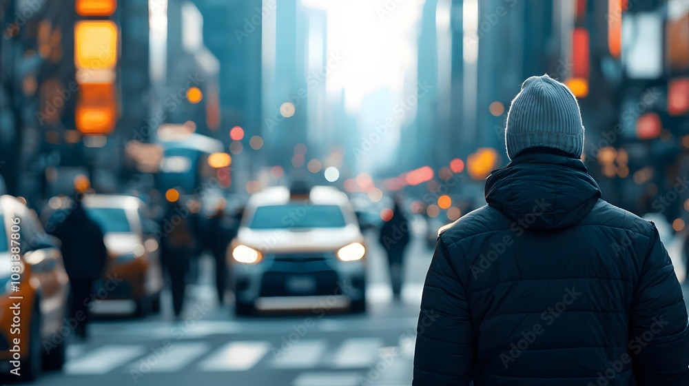 Urban dusk a solo figure navigates the busy city streets as vehicles and pedestrians move in harmony Urban dusk a solo figure navigates the busy city streets as vehicles and pedestrians move in harmony