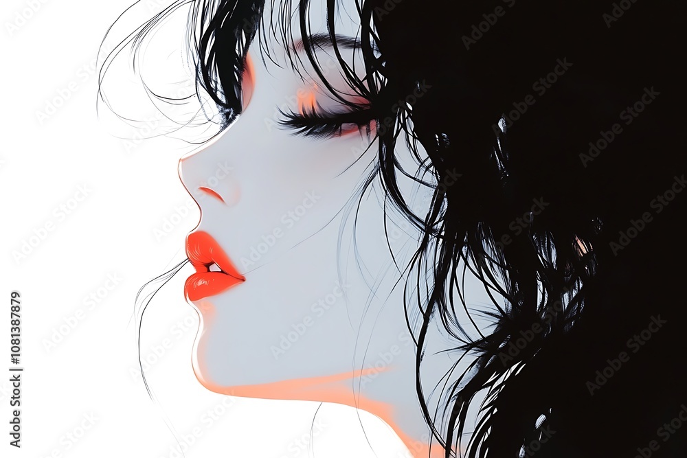 Anime style portrait of a young woman with black hair, closed eyes, and red lips Anime style portrait of a young woman with black hair, closed eyes, and red lips