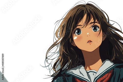 Anime girl with brown hair and blue eyes looking up