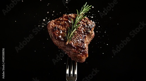 Grilled delicious steak with a sprig of green rosemary, salt and pepper on a fork isolated on dark background with space for text or naps close up
