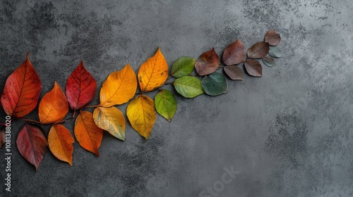 Leaves arranged chronologically to the seasons from orange to green on a blank gray hand painted background with space for text or inscriptions photo