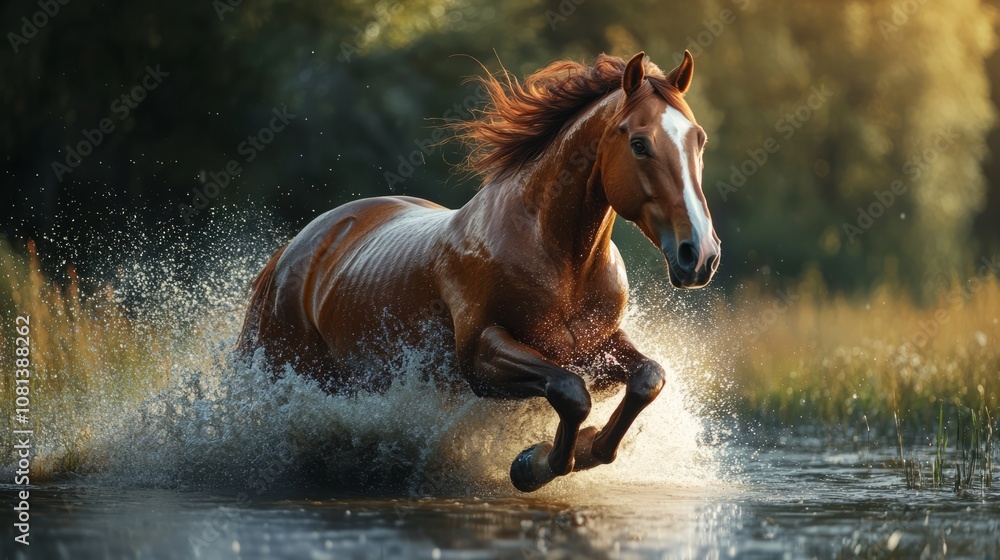 Beautiful shot of a horse in motion running through the water with a splash, a horse in motion in a river with space for text
Beautiful shot of a horse in motion running through the water with a splash, a horse in motion in a river with space for text