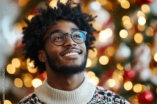 A joyful man with distinctive glasses and an afro hairstyle beams amid a blurred festive background, wearing a cozy patterned sweater, exuding holiday warmth.