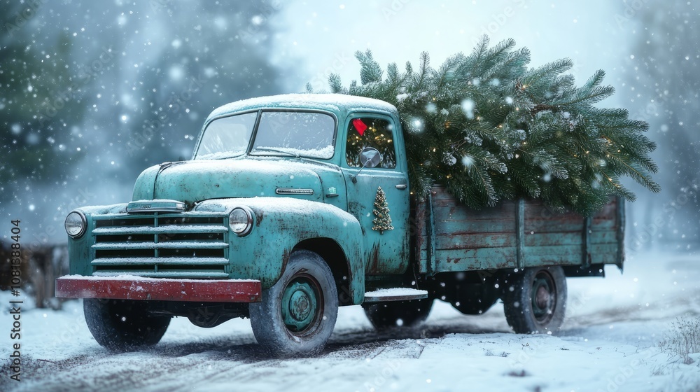 Old retro car with a festive Christmas tree in the back on a winter road with a forest in the background, winter christmas atmosphere with space for text
Old retro car with a festive Christmas tree in the back on a winter road with a forest in the background, winter christmas atmosphere with space for text