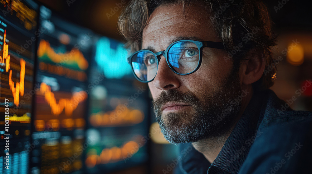 business analyst focused on complex financial data, analyzing trends and patterns on multiple screens. His intense expression reflects importance of his work business analyst focused on complex financial data, analyzing trends and patterns on multiple screens. His intense expression reflects importance of his work
