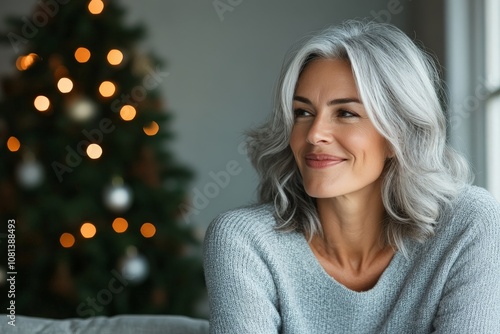 A sophisticated woman with silver hair smiles softly while sitting near glowing Christmas lights, radiating grace and contentment in a festive, serene environment.