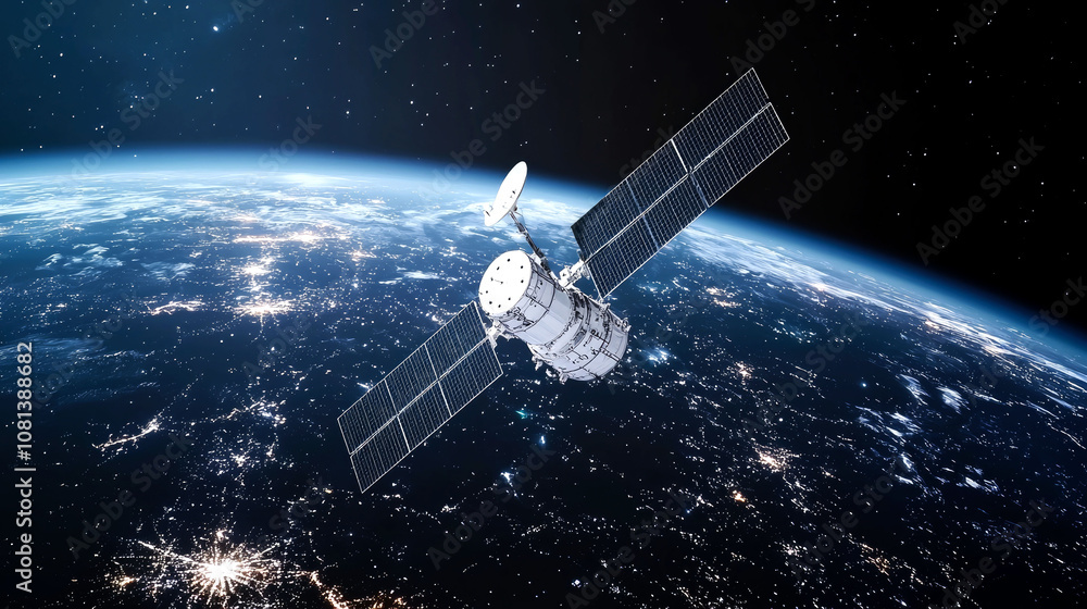 Satellite orbiting Earth with city lights. Satellite orbiting Earth with city lights.
