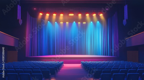 colorful spotlights on truss system on stage and red seats in blank concert hall 