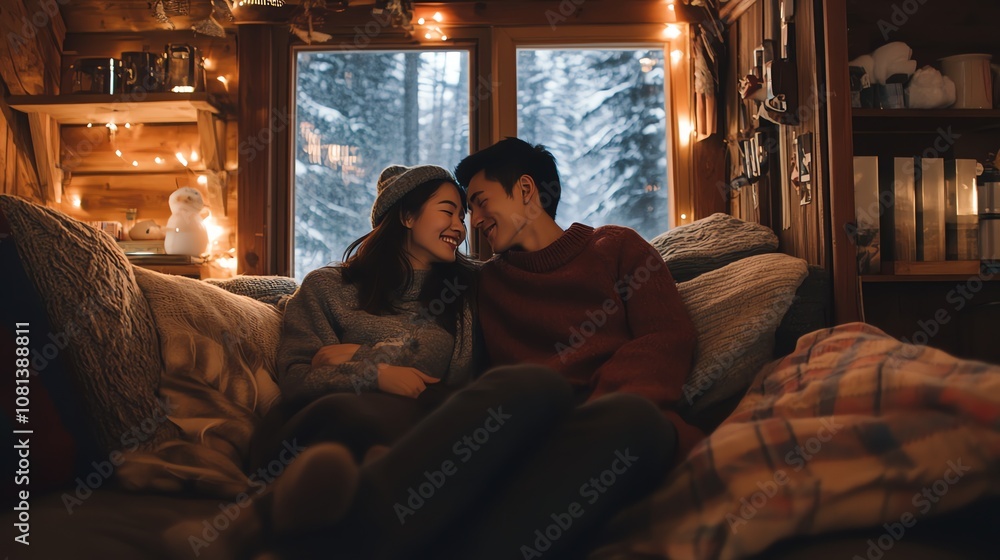 A couple is cuddling on a couch in front of a window with a snowy view. A couple is cuddling on a couch in front of a window with a snowy view.