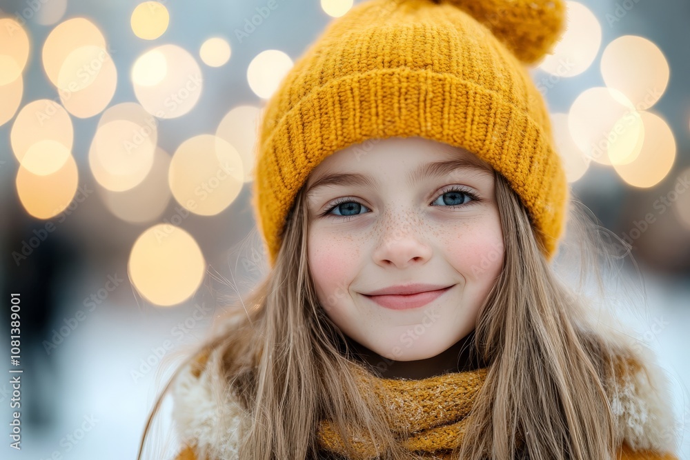 A young girl in a yellow beanie smiling with a soft bokeh background, capturing a heartwarming winter scene with joyful expression and vibrant colors. A young girl in a yellow beanie smiling with a soft bokeh background, capturing a heartwarming winter scene with joyful expression and vibrant colors.