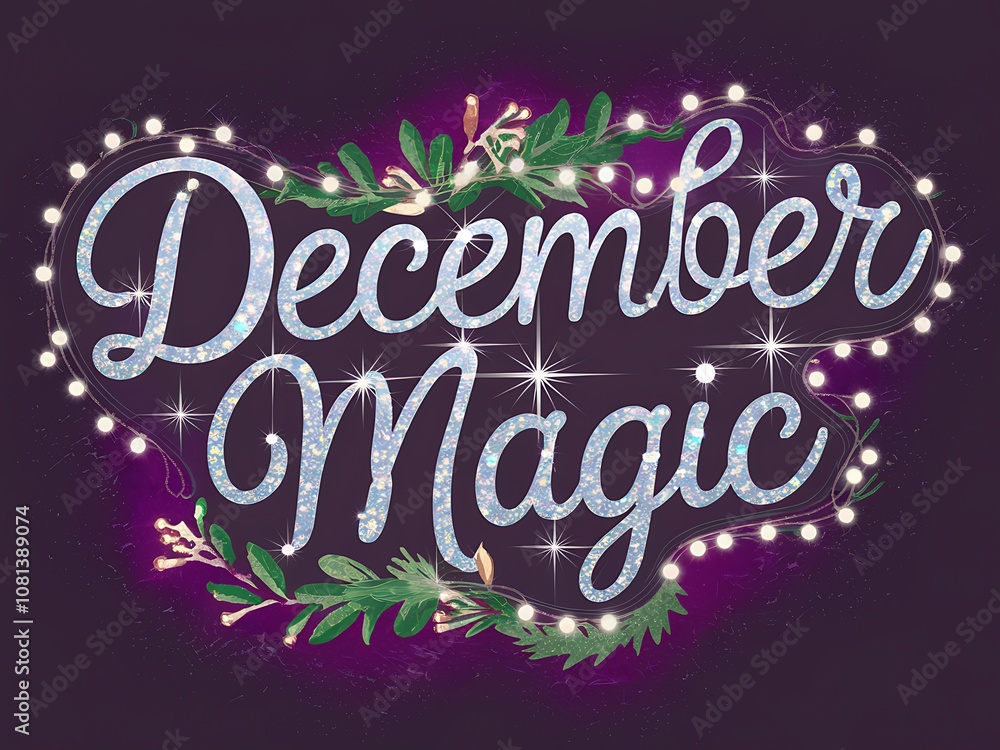 Glittering December Magic Sign with Lights and Greenery Glittering December Magic Sign with Lights and Greenery