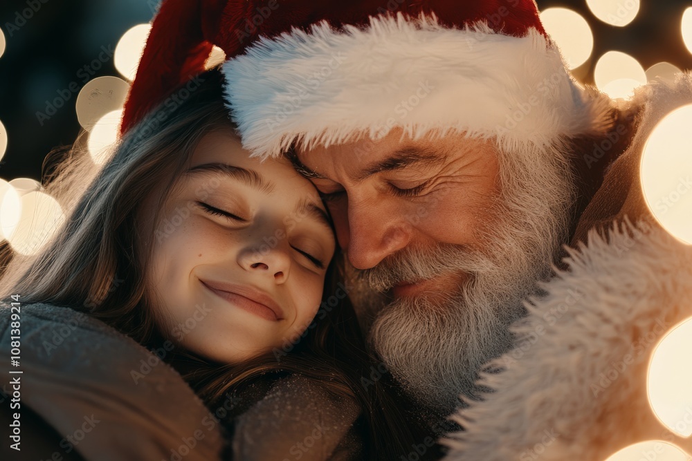 Santa Claus, in a warm embrace with a smiling young girl, radiates love and coziness against a backdrop of softly glowing holiday bokeh lights. Santa Claus, in a warm embrace with a smiling young girl, radiates love and coziness against a backdrop of softly glowing holiday bokeh lights.