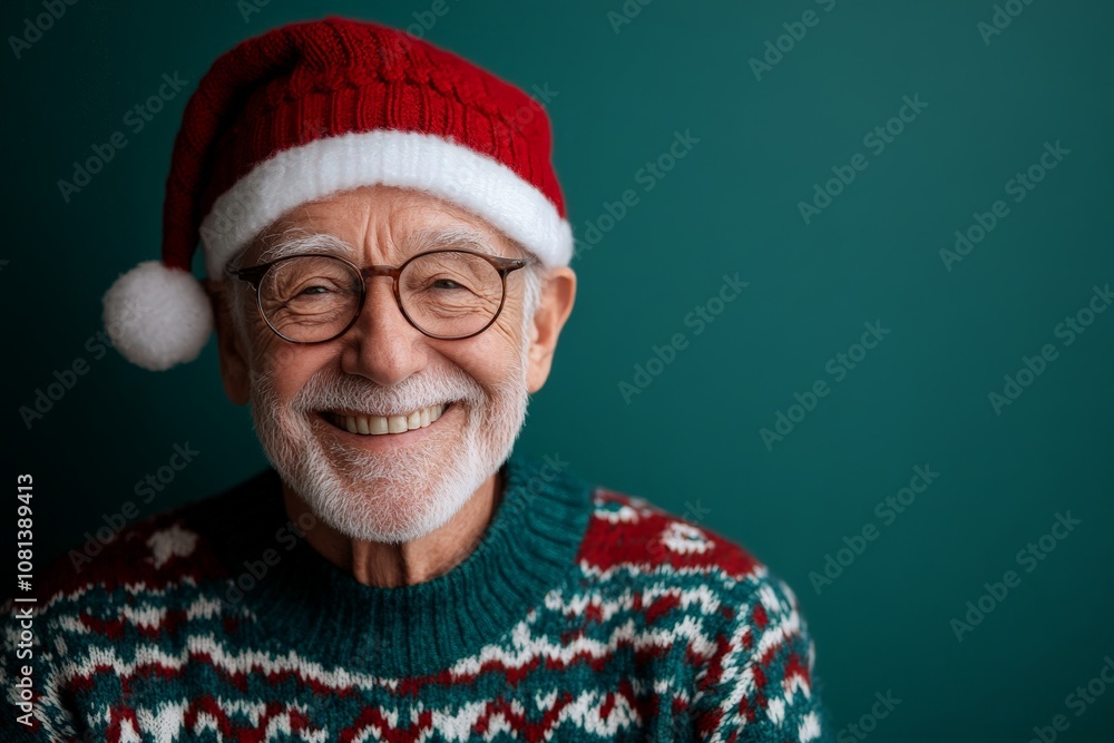 A joyful elderly man with glasses and a white beard, wearing a cozy Christmas-themed sweater and red Santa hat, smiles warmly against a plain teal background. A joyful elderly man with glasses and a white beard, wearing a cozy Christmas-themed sweater and red Santa hat, smiles warmly against a plain teal background.