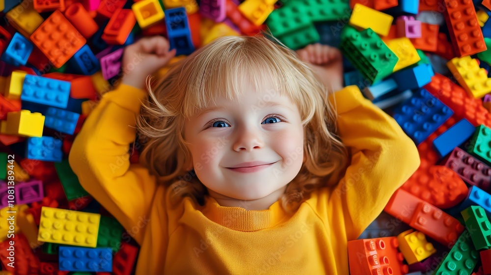 A young girl with blonde hair smiles while laying in a pile of colorful building blocks. A young girl with blonde hair smiles while laying in a pile of colorful building blocks.