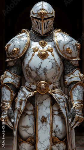 A photograph of a medieval knight, clad in heavy armor of gold and white marble