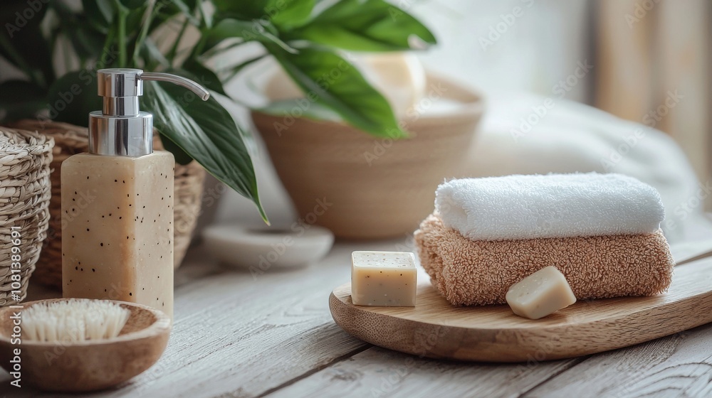 Spa essentials with towels and soap on wooden surface Spa essentials with towels and soap on wooden surface