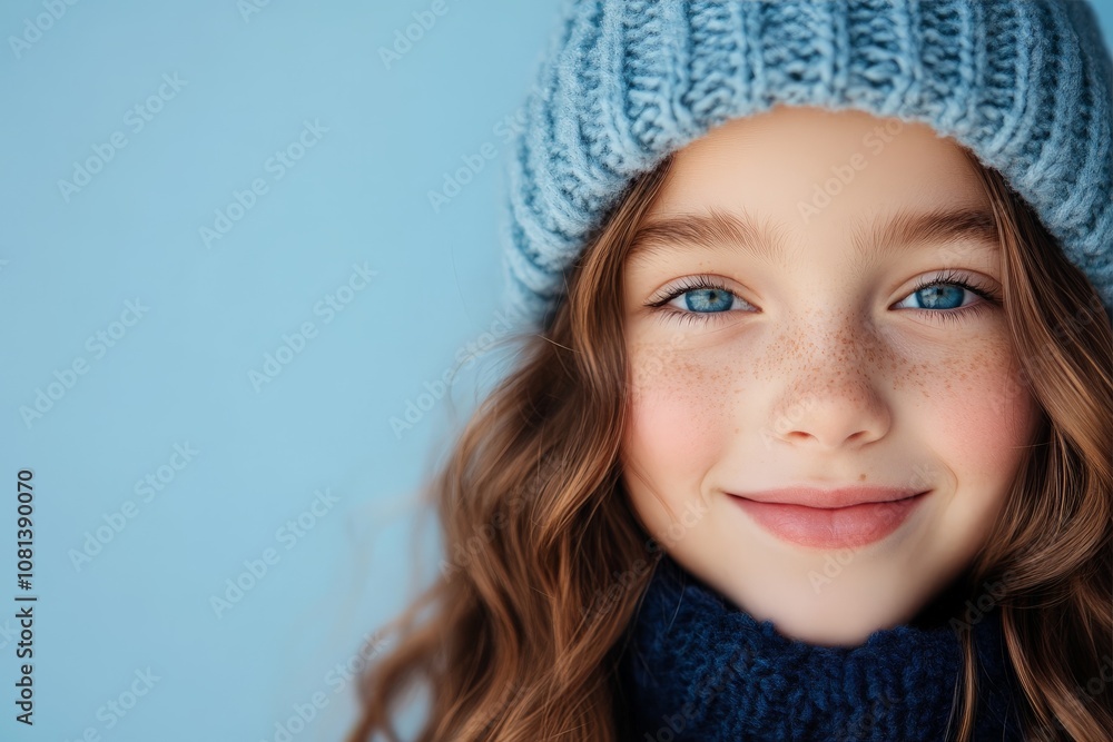 A smiling girl with striking blue eyes and wearing a blue hat stands against a soft blue background, embodying the charm and simplicity of youthful winter moments. A smiling girl with striking blue eyes and wearing a blue hat stands against a soft blue background, embodying the charm and simplicity of youthful winter moments.