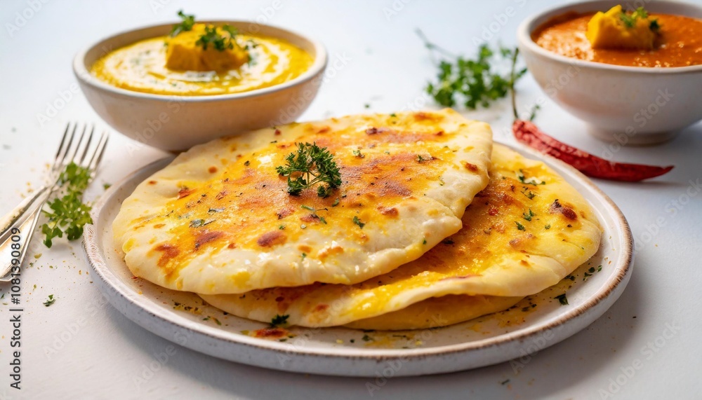Freshly Baked Butter Garlic Naan, Lightly Brushed with Ghee and Served with a Side of Spicy Indian Curry on a Clean White Background, Ready to Enjoy Freshly Baked Butter Garlic Naan, Lightly Brushed with Ghee and Served with a Side of Spicy Indian Curry on a Clean White Background, Ready to Enjoy