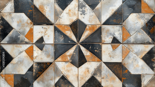 Geometric pattern of interlocking triangles in brown, black, and white mosaic design