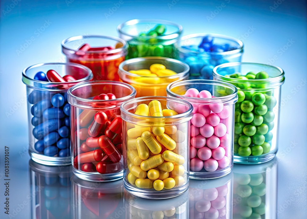 Vibrant Pharmaceutical Capsules in Clear Containers – Colorful Medication Concept for Health and Wellness Imagery, Showcasing Capsules of Various Colors and Shapes. Vibrant Pharmaceutical Capsules in Clear Containers – Colorful Medication Concept for Health and Wellness Imagery, Showcasing Capsules of Various Colors and Shapes.