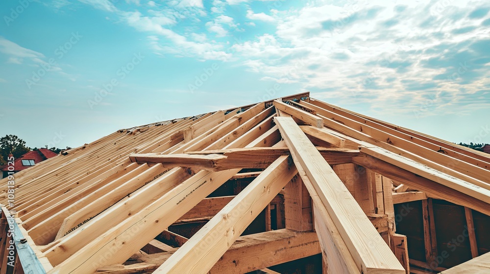 Wooden Roof Truss Framework Under Construction with Blue Sky and White Clouds Wooden Roof Truss Framework Under Construction with Blue Sky and White Clouds