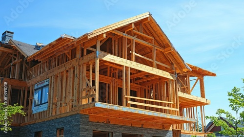 Wooden Frame of a House Under Construction with a Stone Facade photo