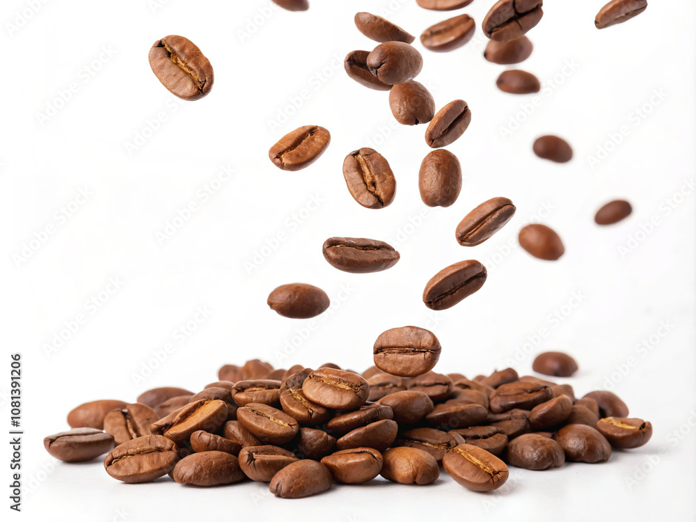 Obraz premium coffee beans on white background. coffee, bean, brown, beans, caffeine, drink, isolated, roasted, cafe, white, aroma, espresso, food, black, seed, coffee beans, roast, closeup, dark, beverage, grain, 