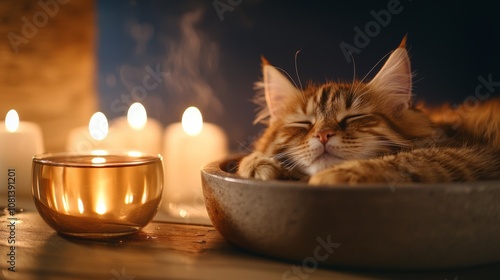 A cozy scene featuring a sleeping cat beside a soft glow of candles, evoking warmth, tranquility, and relaxation.