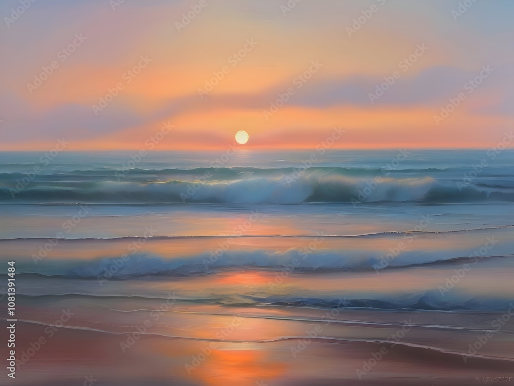 Obraz premium Pastel Sunset Sea Beach Painting Art