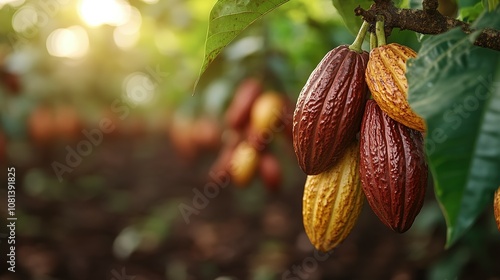 Ripe Cocoa Pods Hanging from a Branch in a Plantation photo